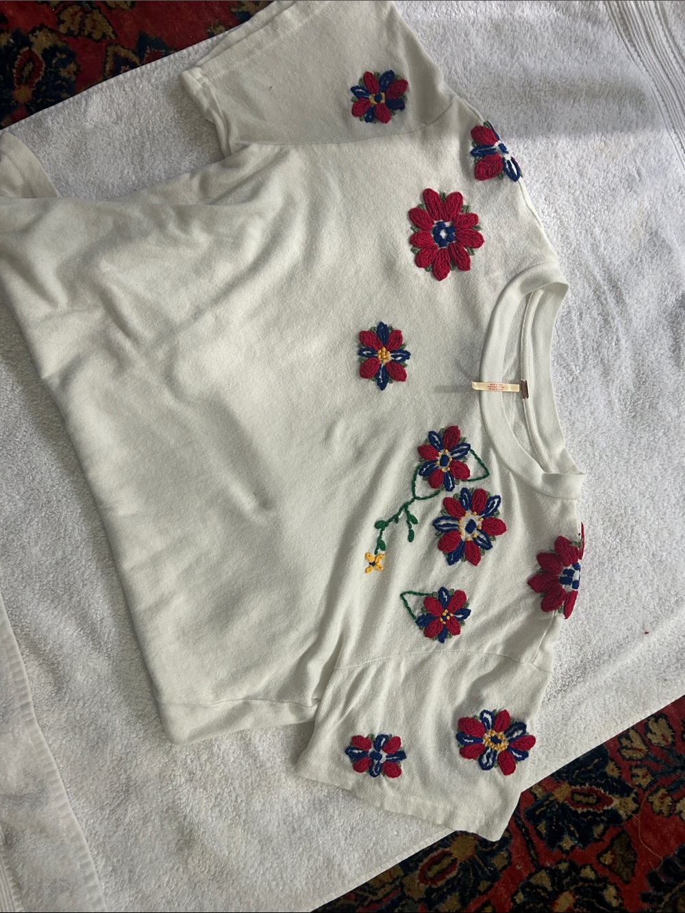 Free People Cream Short-Sleeve Top with Red & Blue Floral Embroidery
